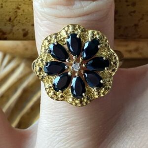 Natural Black Spinel White Diamond Sterling Silver Ring Size 6